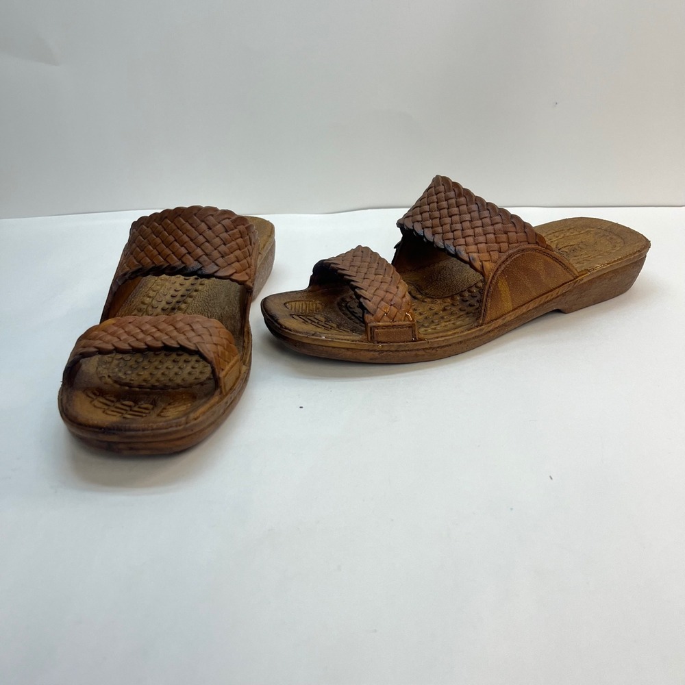 Pali Hawaii Classic Jandals Brown Two Strap Basket Weave Slide Sandals Size 5